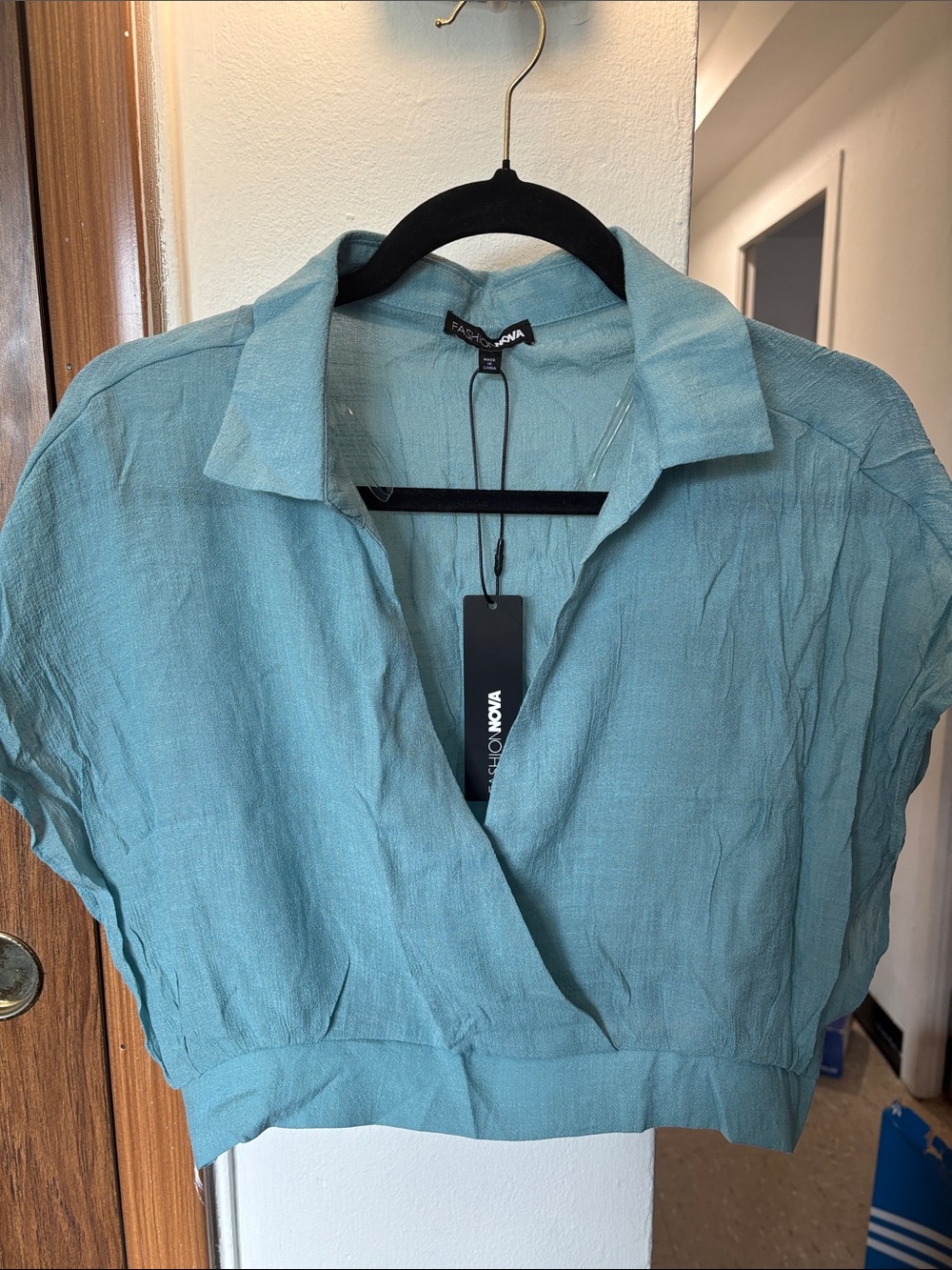 Fashion Nova Teal Collared Wrap Crop Top